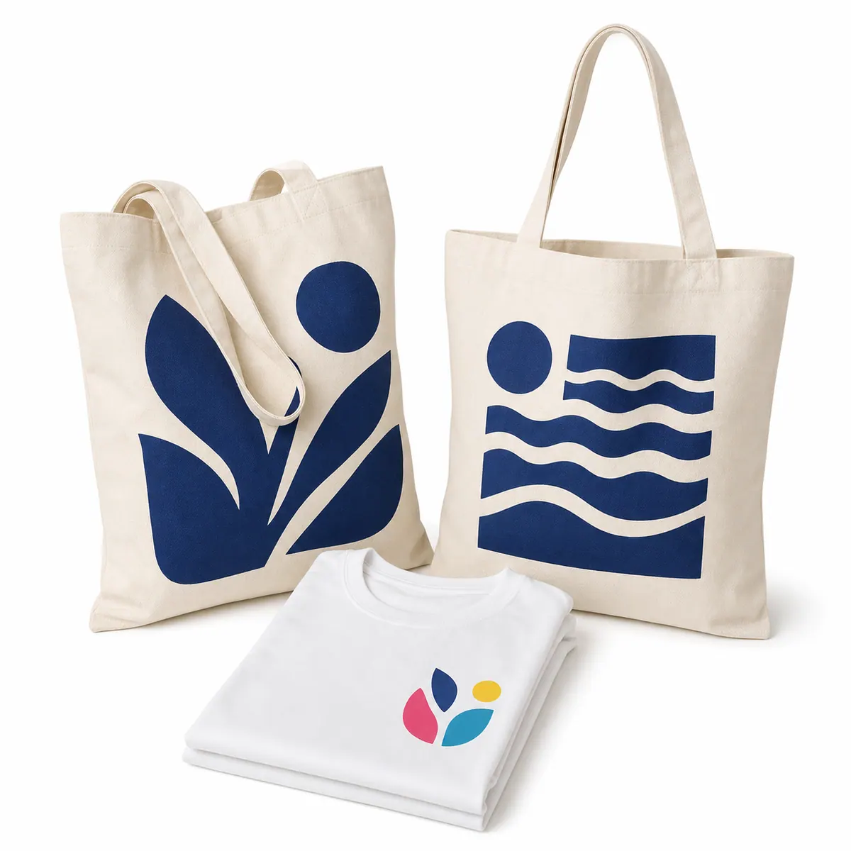 Custom cloth bags and apparel on a white studio background