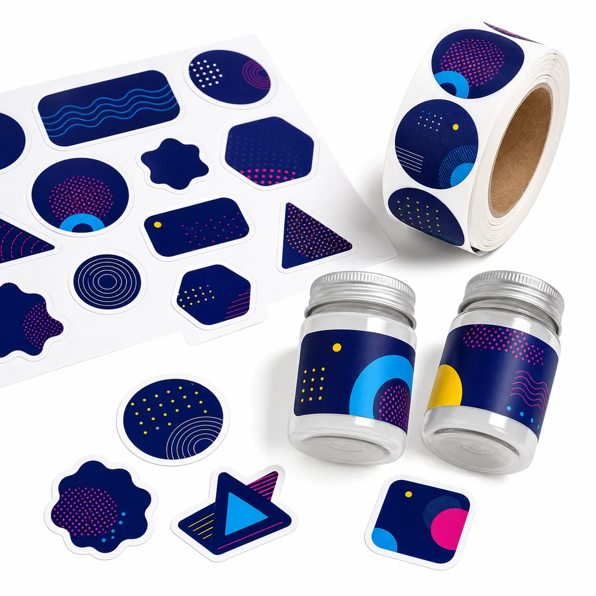 Printed labels on a white studio background
