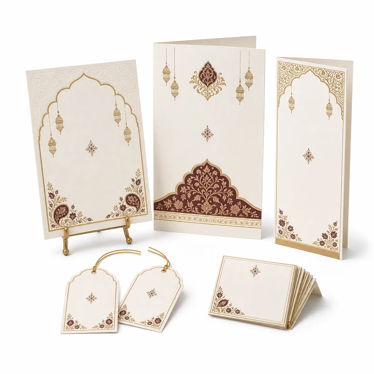 Marriage ceremony paper goods on a white studio background