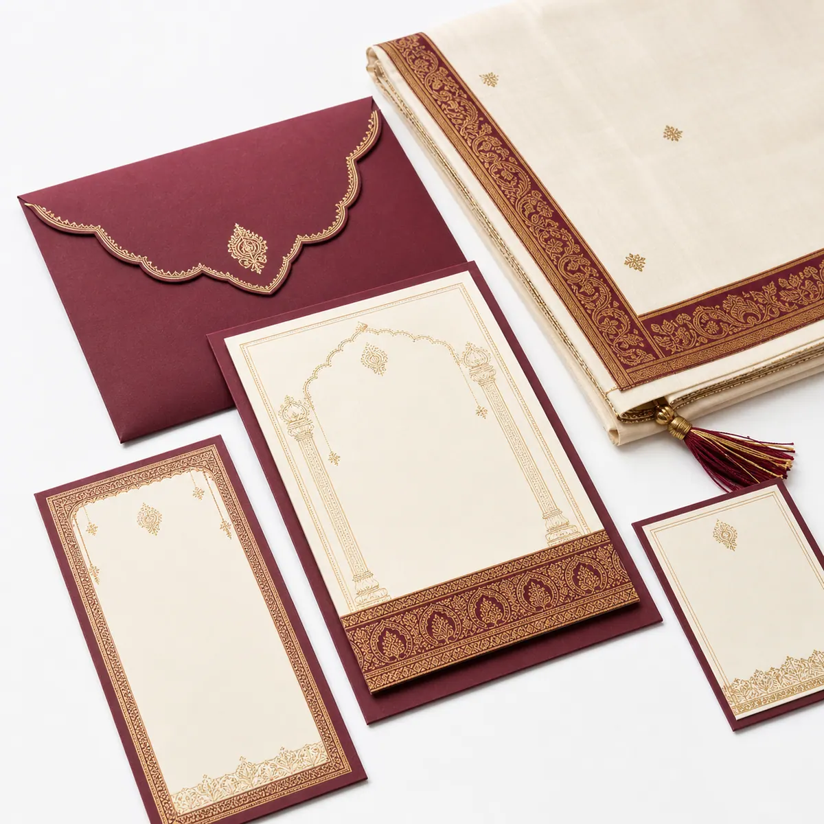 Marriage invitation suite on a white studio background