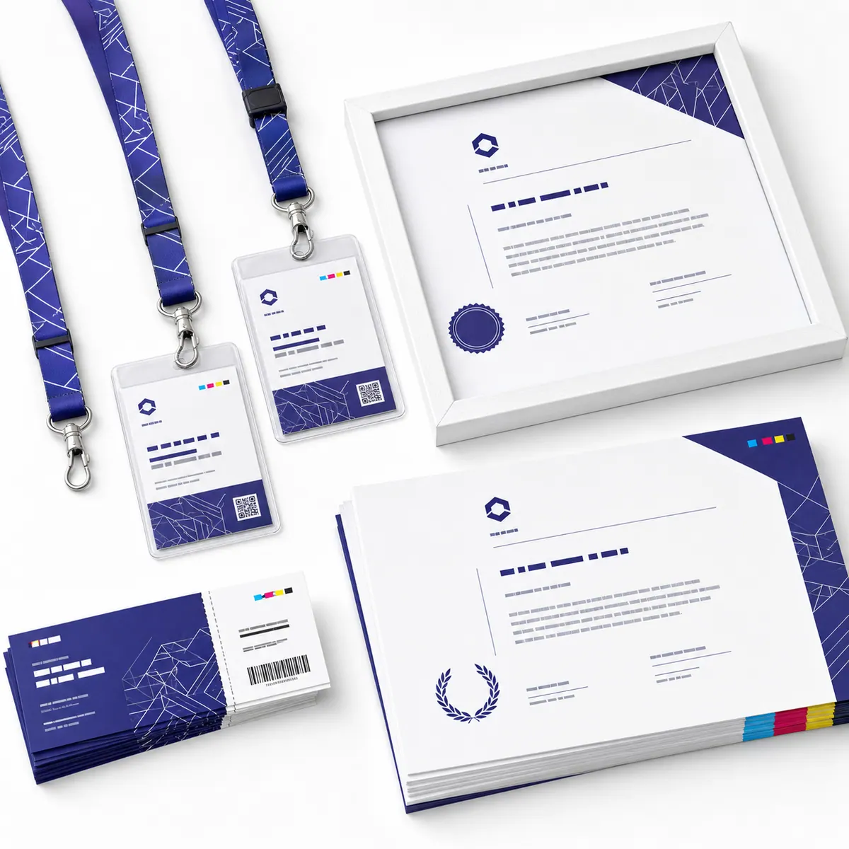 Event passes and certificates on a white studio background