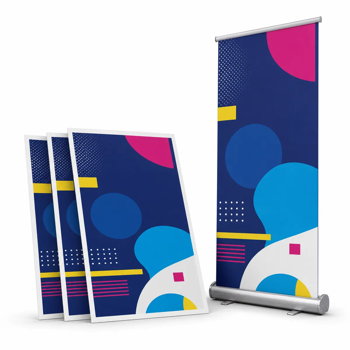 Large printed posters and standee on a white studio background