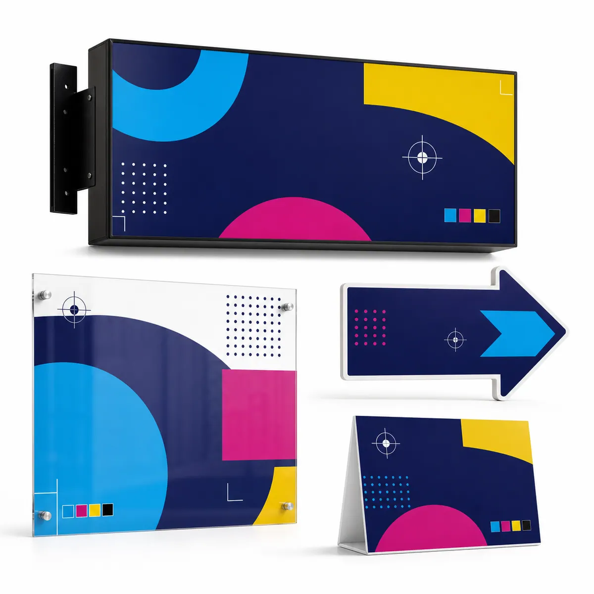 Printed signage and vinyl work on a white studio background