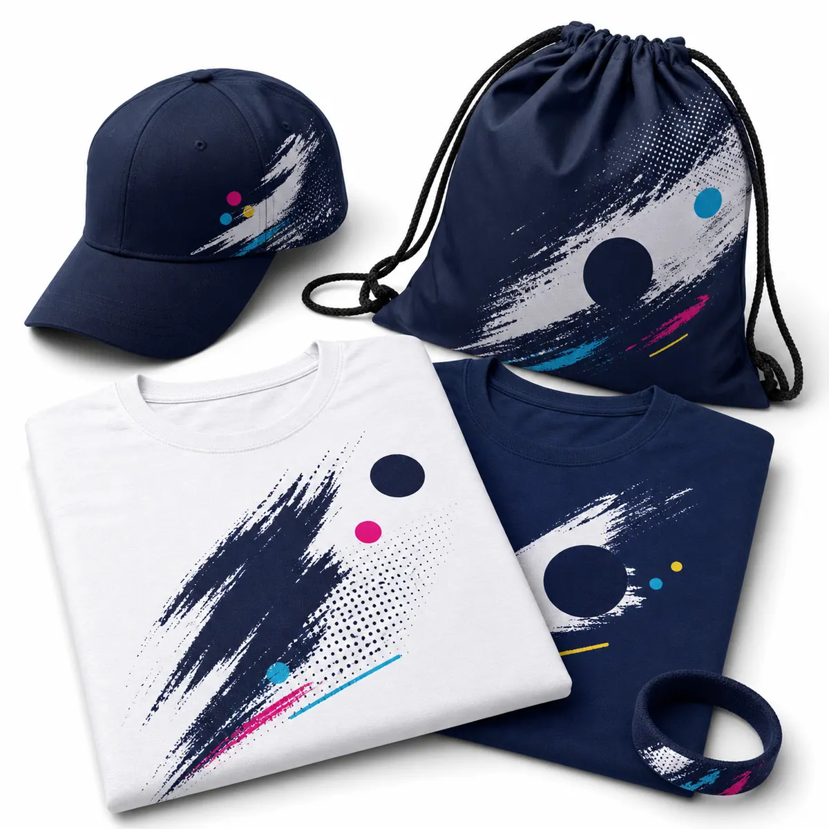 Custom team merchandise on a white studio background