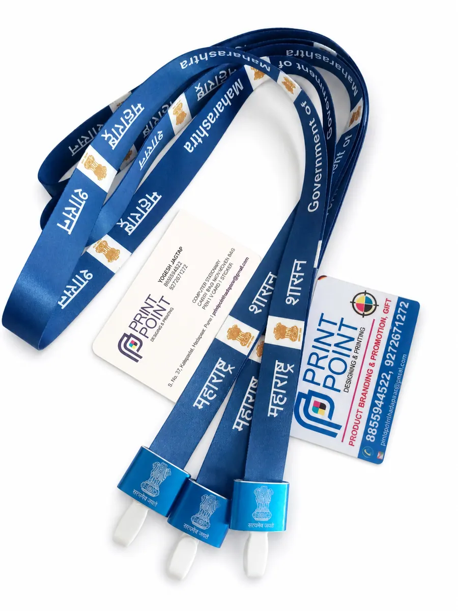 Blue government-branded lanyards and Print Point ID cards on a clean white background